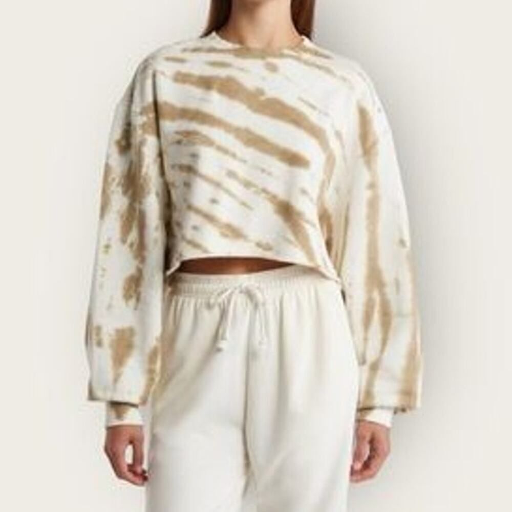 Good American Essentials Cropped Cool Sweatshirt Putty Tie Dye Crewneck Sweater